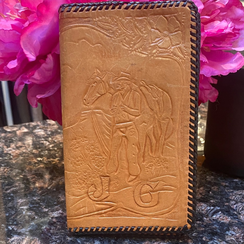 Vintage Handcrafted Embossed Leather Wallet with Scenic Design.  GUC